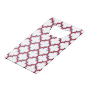 White and Red Trellis, Lattice, Quatrefoil Credit Card Bottle Opener