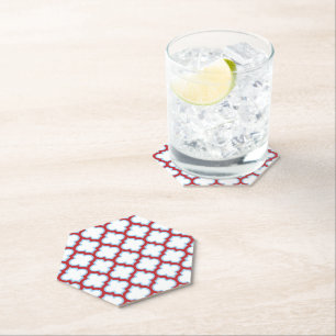 White and Red Trellis, Lattice, Quatrefoil Paper Coaster