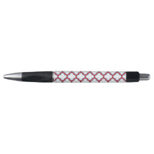 White and Red Trellis, Lattice, Quatrefoil Pen