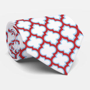 White and Red Trellis, Lattice, Quatrefoil Tie