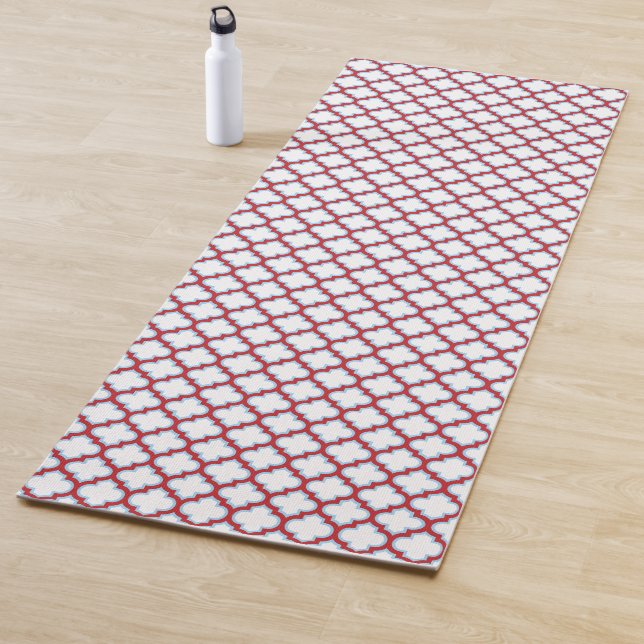 White and Red Trellis, Lattice, Quatrefoil Yoga Mat (In Situ)