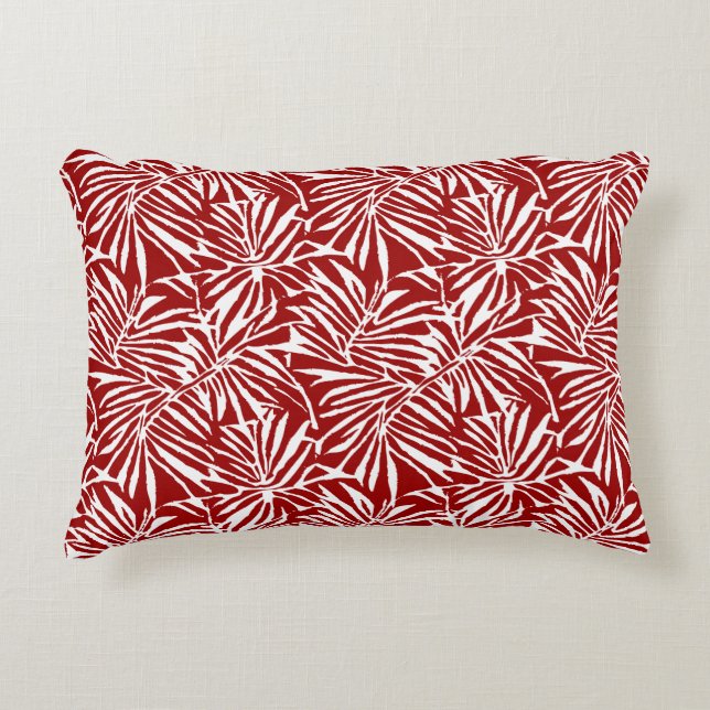 White And Red Tropical Leaf Repeating Pattern Accent Pillow (Front)