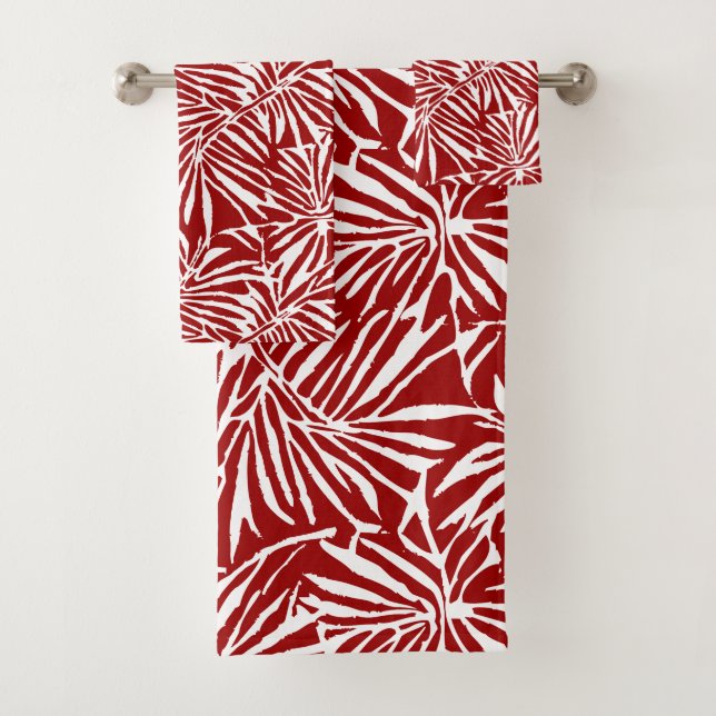 White And Red Tropical Leaf Repeating Pattern Bath Towel Set (Insitu)