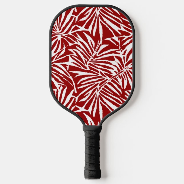 White And Red Tropical Leaf Repeating Pattern Pickleball Paddle (Front)