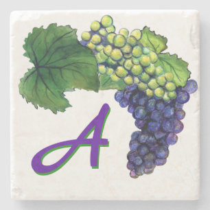 White and Red Wine Grapes Art Custom Monogram Stone Coaster