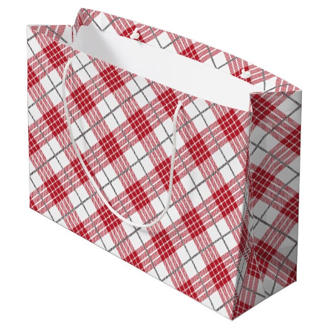 White and red with grey accents plaid pattern large gift bag (Back Angled)