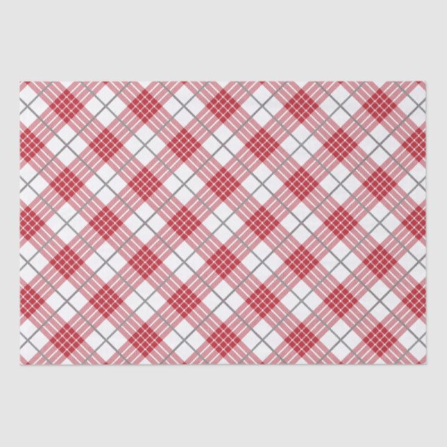 White and red with grey accents plaid pattern tissue paper (Front)
