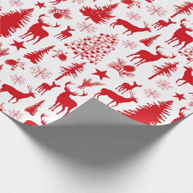 White And Red Woodland Forest Reindeer Wrapping Paper (Corner)