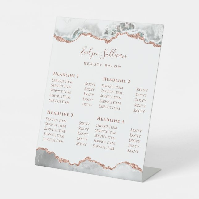 White and Rose Gold Agate Beauty Salon Price List Pedestal Sign (Front)