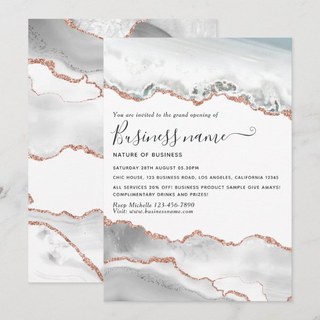 White and Rose Gold Agate Grand Opening Invitation (Front/Back)