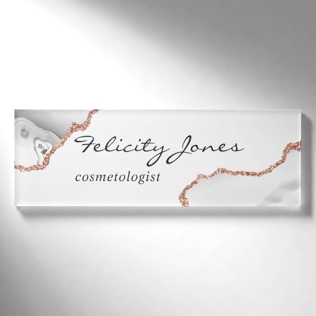 White and Rose Gold Agate Name Tag (Front)