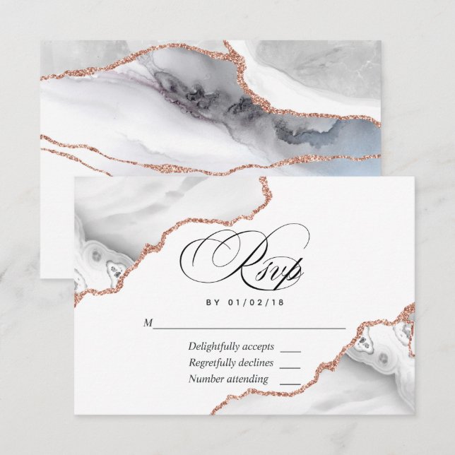 White and Rose Gold Agate Wedding RSVP Card (Front/Back)