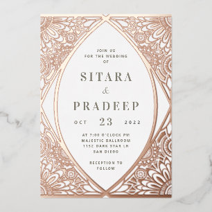 White and Rose Gold Arabesque Foil Invitation
