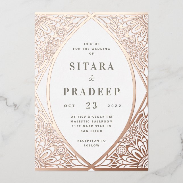 White and Rose Gold Arabesque Foil Invitation (Front)