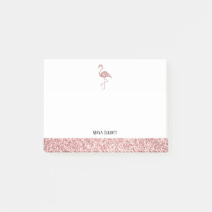 White and Rose Gold Faux Glitter Flamingo & Border Post-it Notes
