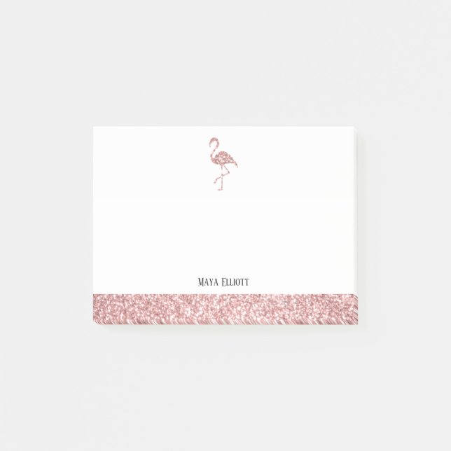 White and Rose Gold Faux Glitter Flamingo & Border Post-it Notes (Front)