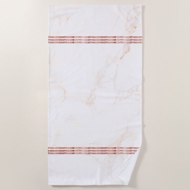 White and rose-gold faux marble beach towel (Front)