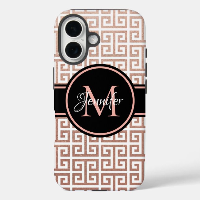 White and Rose Gold Foil Greek Key Black Monogram Case-Mate iPhone Case (Back)