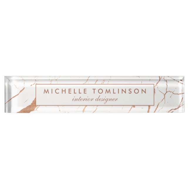 White and Rose Gold Marble Designer Nameplate (Front)