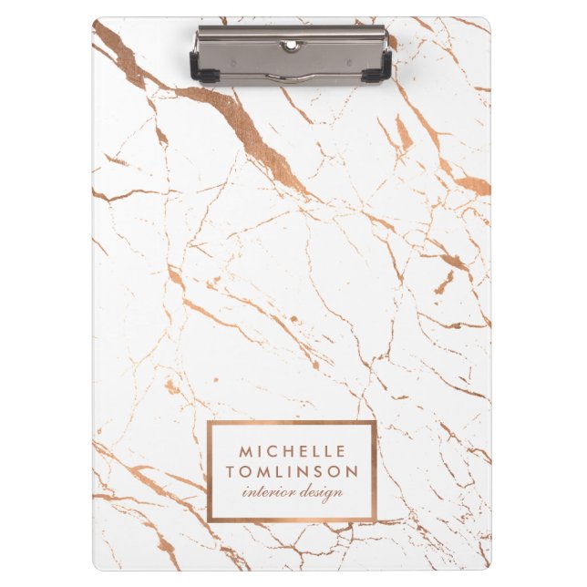 White and Rose Gold Marble Designer Personalized Clipboard (Front)
