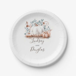 White and Rose Gold Pumpkin Fall Harvest Paper Plate