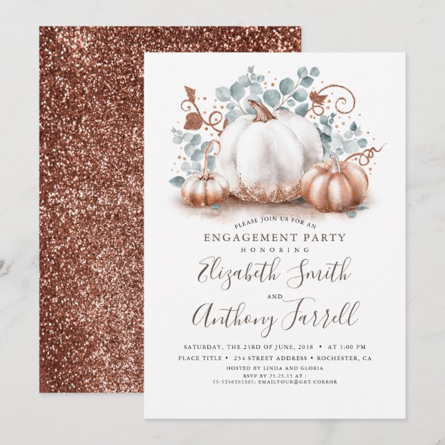 White and Rose Gold Pumpkins Fall Engagement Party Invitation (Front/Back)