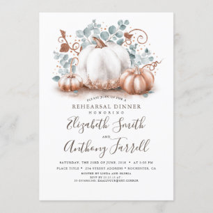 White and Rose Gold Pumpkins Fall Rehearsal Dinner Invitation
