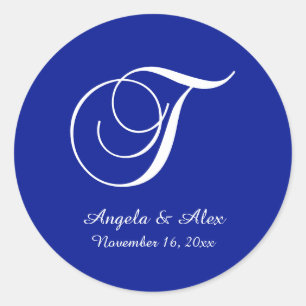 White and Royal Blue Decorative Script Monogram T Classic Round Sticker