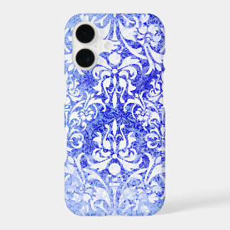 White and Royal Blue Grunge Vintage Damask