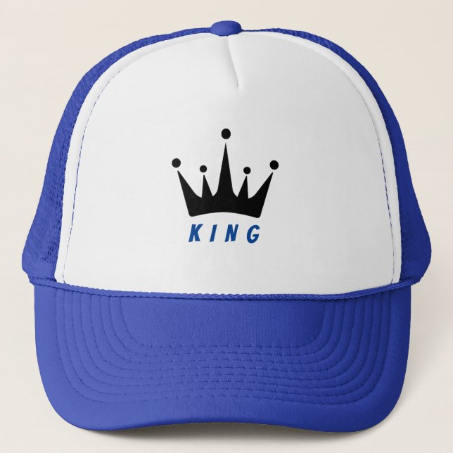 White and Royal KING Text Crown Image Trucker Hat (Front)