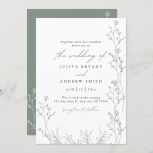 White and saga green script wedding Invitation
