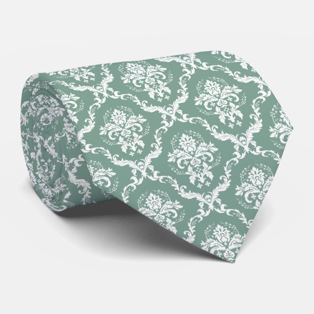 White and Sage Green Floral Damask Pattern Tie (Rolled)