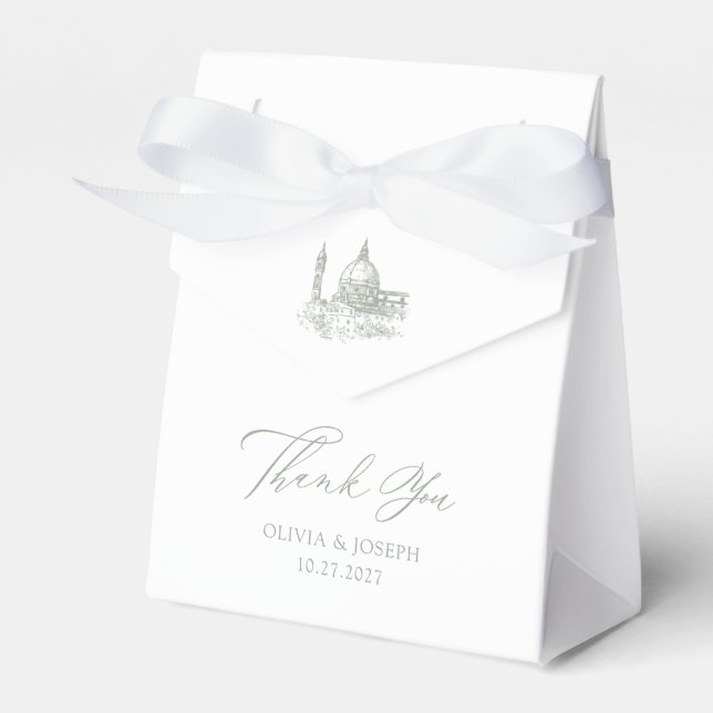 White and Sage Green | Illustrated Italian Wedding Favor Box (Front Side)