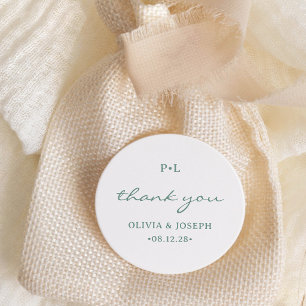 White and Sage Green with Monogram Wedding Classic Round Sticker
