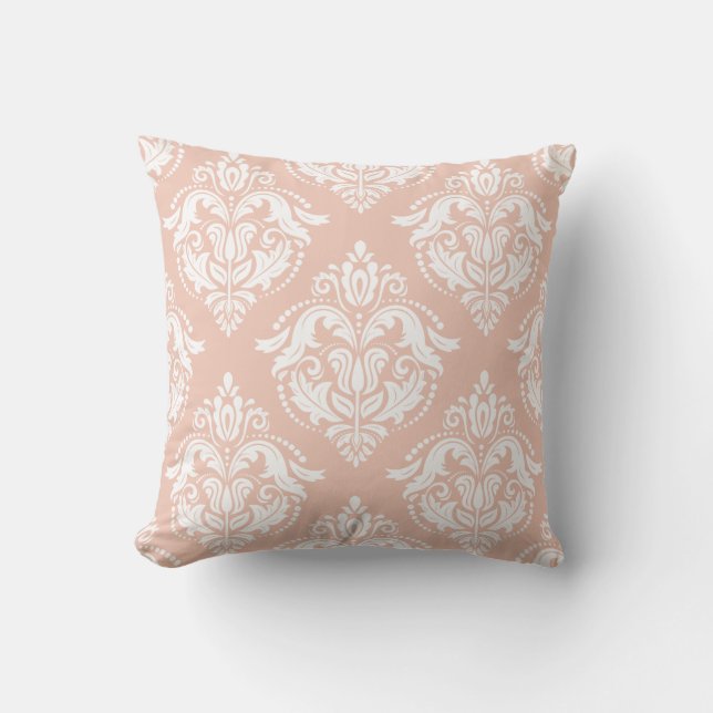 White And Salmon Pink Damasks Throw Pillow (Front)