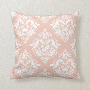 White And Salmon Pink Damasks Throw Pillow