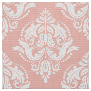 White And Salmon Pink Ornate Floral Damasks Fabric