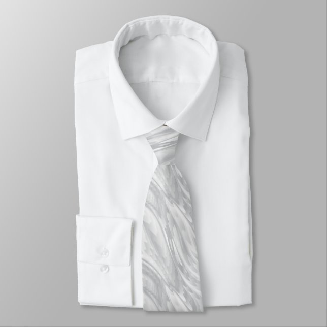 White and Silver Dust Silky Wave Pattern Tie (Tied)