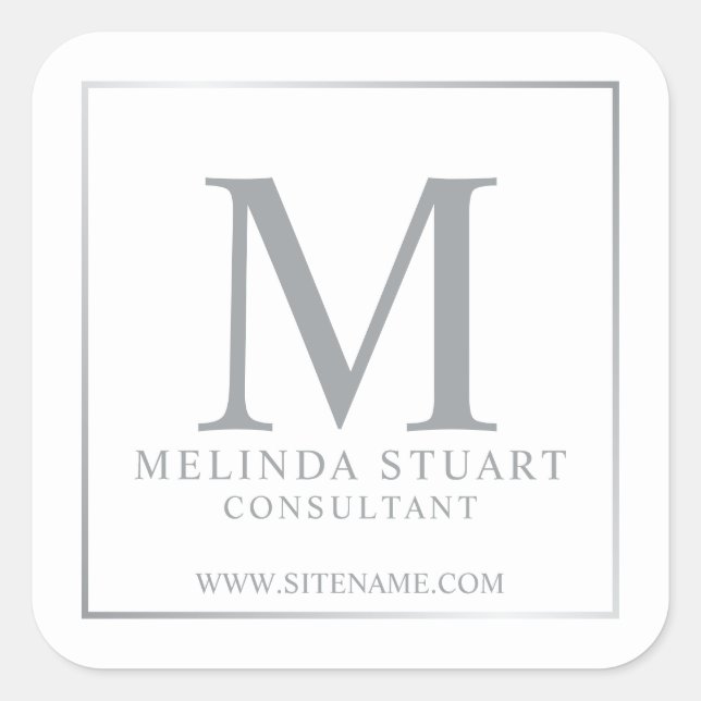 White and Silver Elegant Monogram Business Square Sticker (Front)