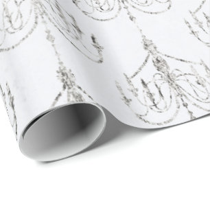 White and Silver Foil  Damask Wrapping Paper