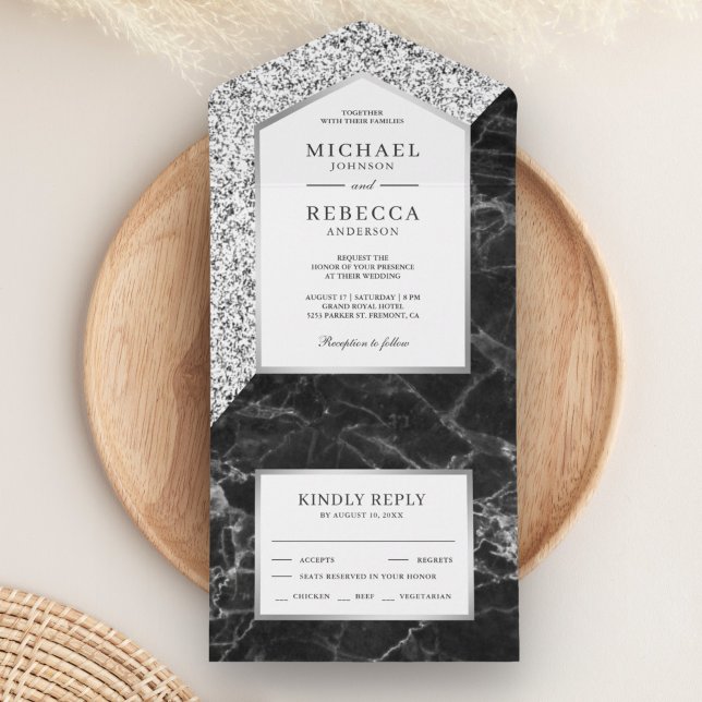 White and Silver Glitter Black Marble Wedding All In One Invitation (Creator Uploaded)