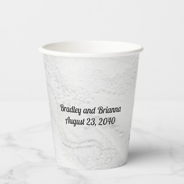 White and Silver Lace and Pearls on Satin Paper Cups (Front)