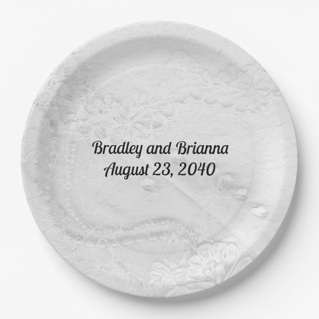 White and Silver Lace and Pearls on Satin Paper Plate (Front)