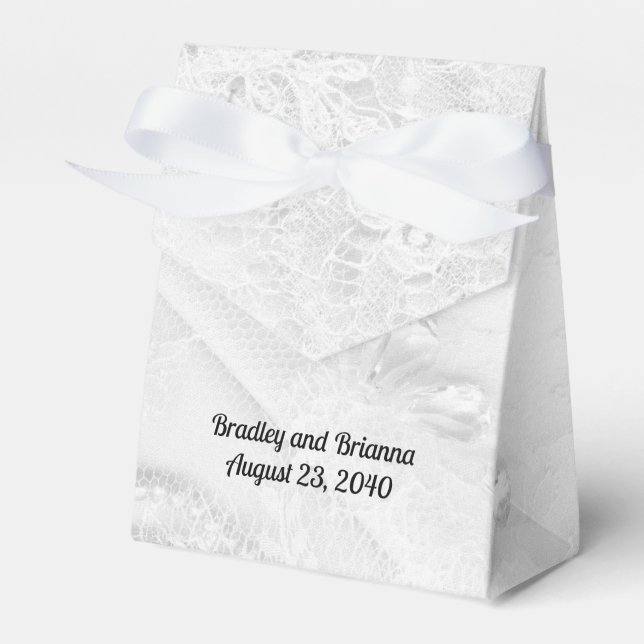 White and Silver Lace and Pearls on Satin Wedding Favor Box (Front Side)