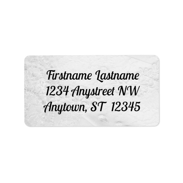 White and Silver Lace and Pearls on Satin Wedding Label (Front)