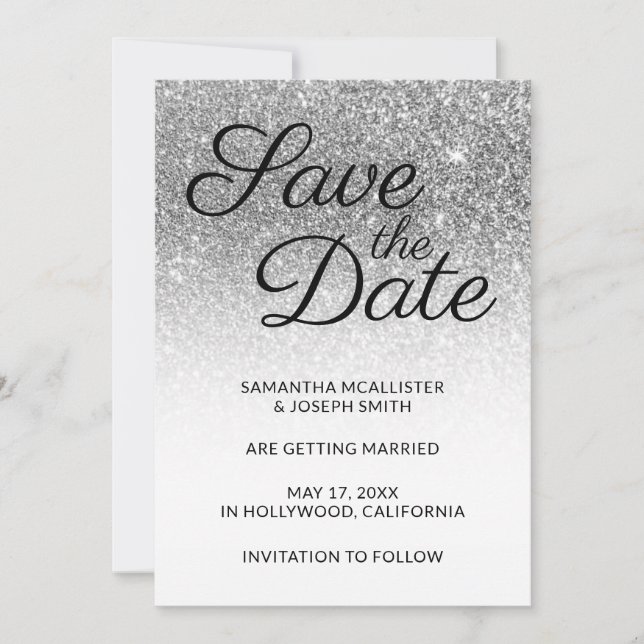 White and Silver Ombre Glitter Save the Date Invitation (Front)