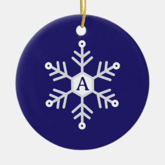White and Silver Snowflake Christmas Initial Blue Ceramic Ornament