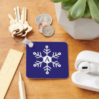 White and Silver Snowflake Christmas Initial Blue Keychain