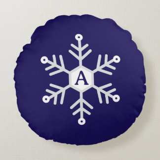 White and Silver Snowflake Christmas Initial Blue Round Pillow
