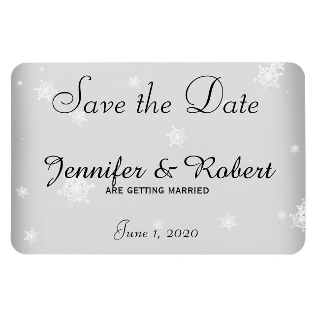 White and Silver Snowflake Wedding Save the Date Magnet (Horizontal)